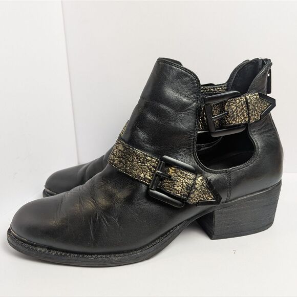 Elliot Lucca Raffaela Black & Gold Leather Cutout Ankle Boots Womens 7 - Picture 3 of 7